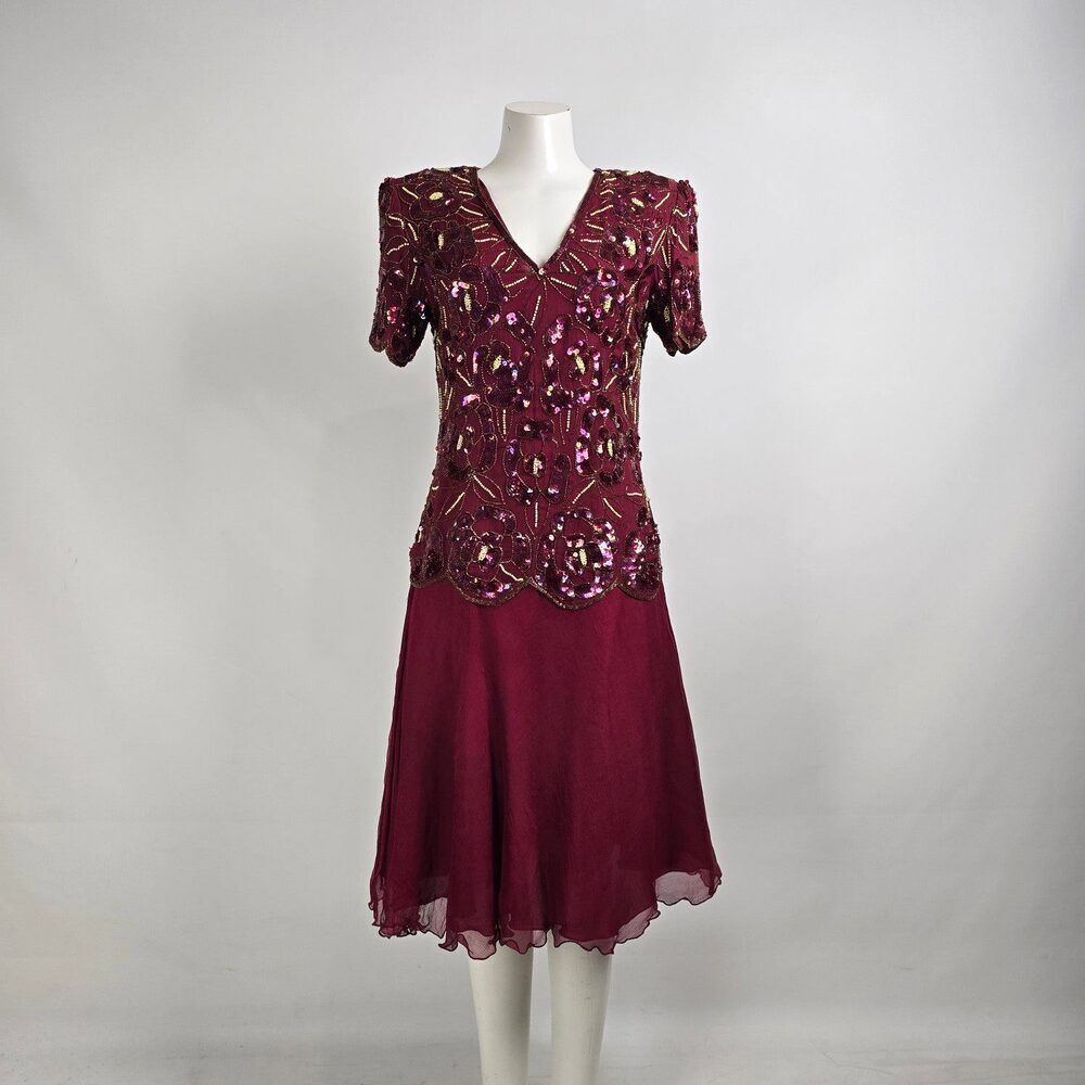 Vintage Silk Burgundy Beaded Sequined Midi Dress Size M